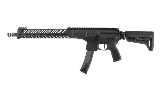 SIG MPX pistol caliber carbine in black features a large 3 chamber muzzle brake